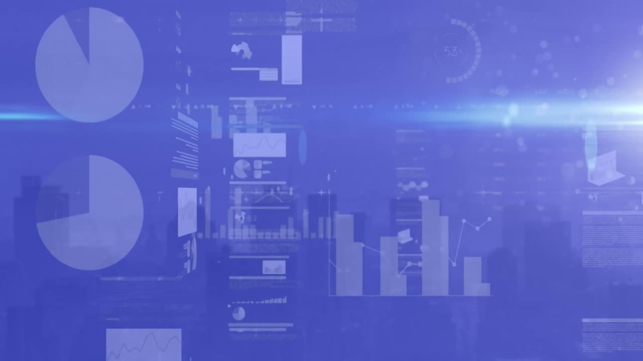 Animation of data processing with stock market over cityscape