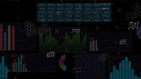 animating financial data and graphs over dark background with charts and numbers