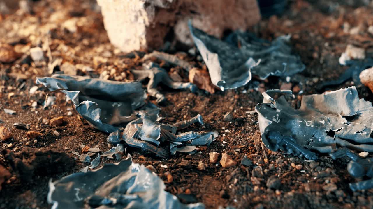 Piccoli soldatini di plastica che bruciano e si sciolgono a terra. Concetto di guerra, conflitto e l'impatto devastante della distruzione.
