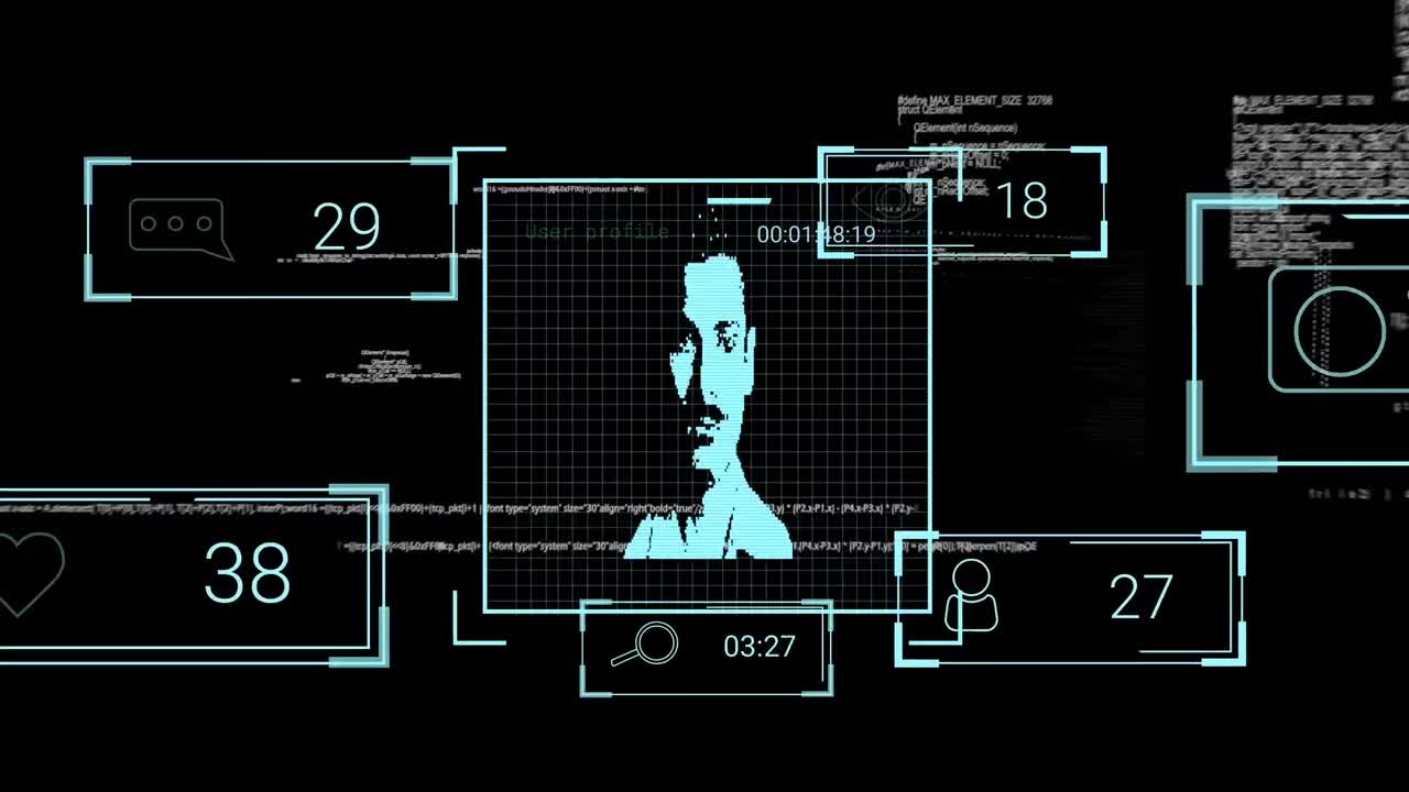 анимация фотографий пользователей, реакций в социальных сетях и обработка данных на черном фоне