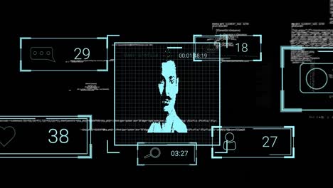 animación de fotos de usuarios, reacciones en las redes sociales y procesamiento de datos sobre fondo negro