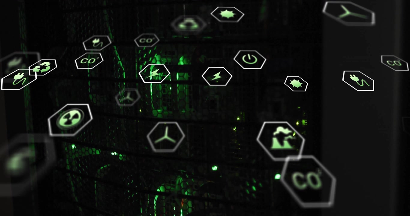 Green LED pulsing in rack initiating hexagon icons floating, grouping to illustrate energy metrics