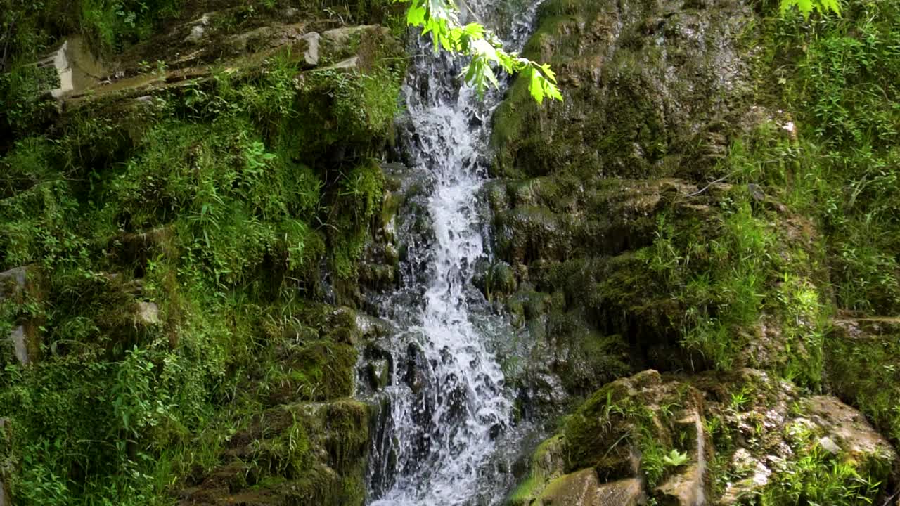 cámara lenta de la cascada de maries, rodeada de exuberante vegetación verde y rocas cubiertas de musgo, rayos de sol, isla de thassos, grecia