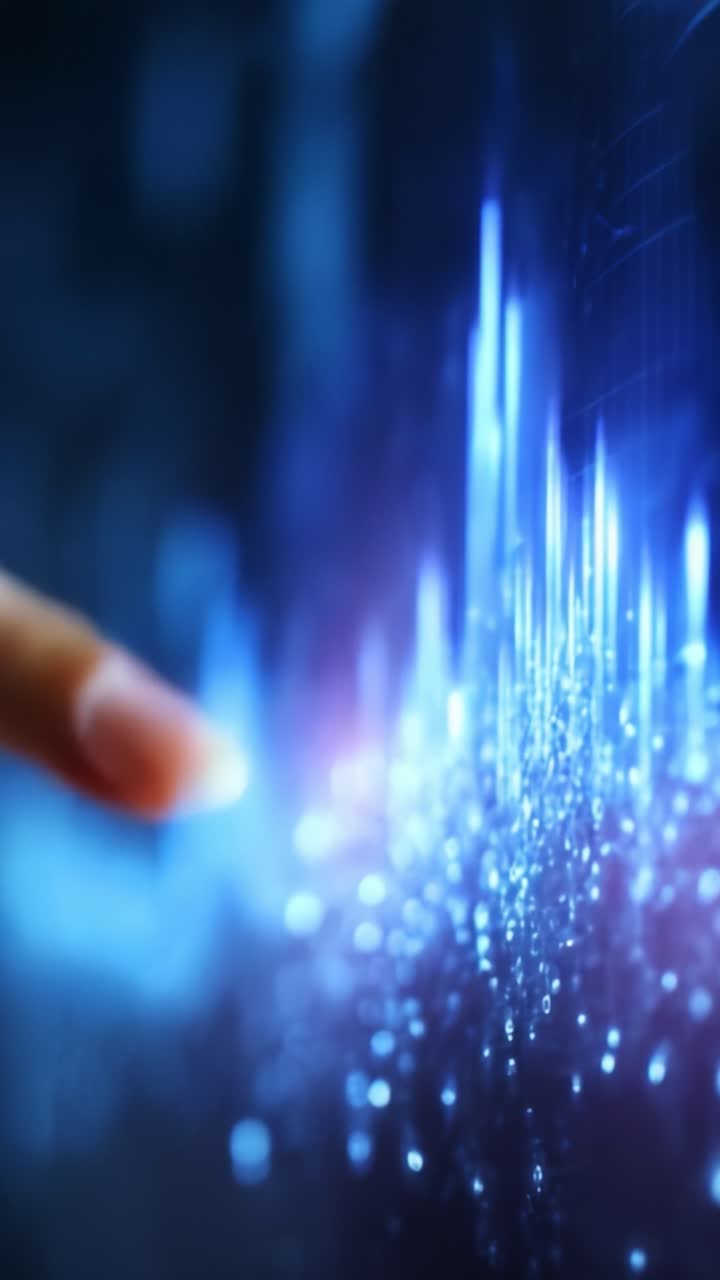 Exploring Digital Data Waves: A Close-up Interaction with an Interactive Technology Display Representing Vibrant Sound and Data Visualization Effects