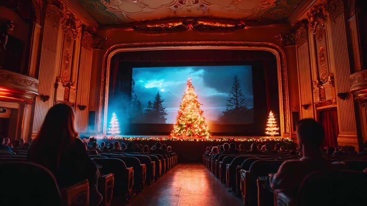 A Festive Cinematic Experience: Captivating Audience Awaits the Holiday Movie with a Beautifully Decorated Tree in an Elegant Theater Setting, Emphasizing the Joy of Togetherness and Celebration