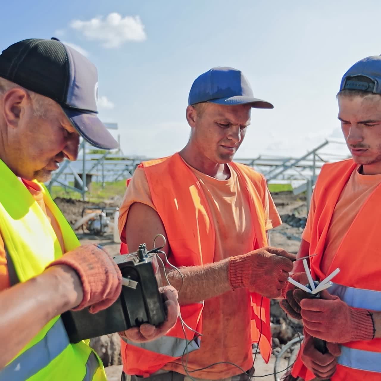 Builders on solar farm. Engineers in bright uniform work with industrial equipment outdoors. Construction site. Engineering works.