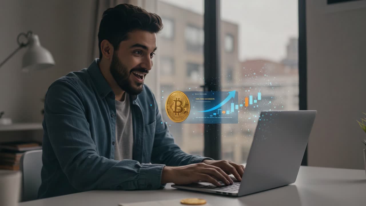 Excited Individual Analyzing Cryptocurrency Trends and Bitcoin Investments through a Laptop in a Modern Workspace While Monitoring Financial Growth