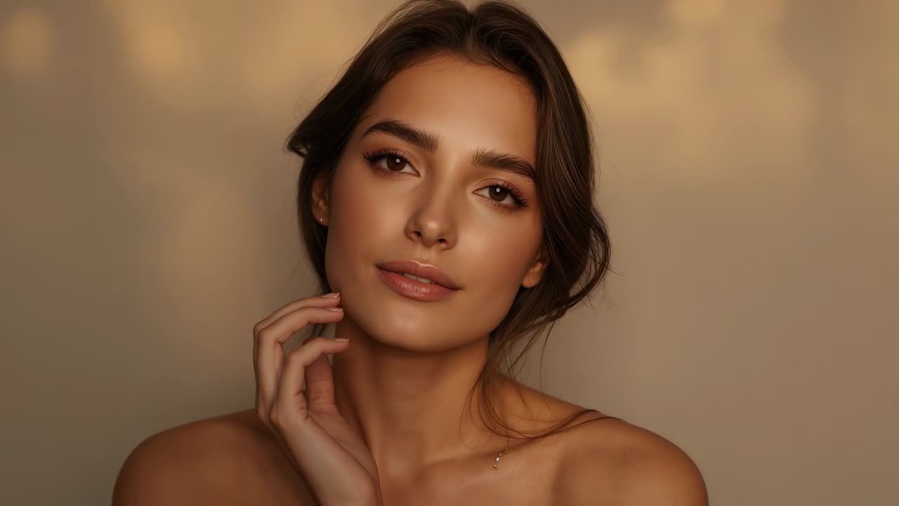 Luce calda illumina una donna in top senza spalline, che apre gli occhi, si volta verso la fotocamera in studio, con la mano appoggiata al mento.