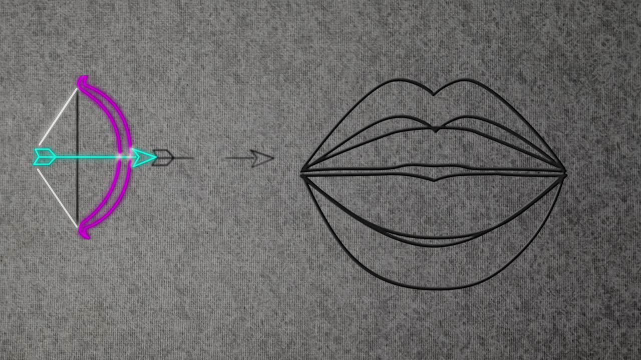 animación de arco y flecha de neón y labios de neón sobre fondo gris