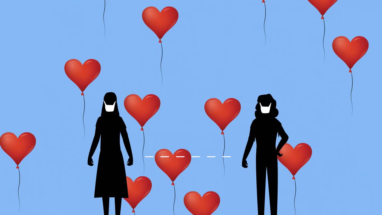 얼굴 마스크를 착용 한 두 명의 여성의 실루 ⁇ 에 대해 떠다니는 여러 개의 심장 모양의 풍선