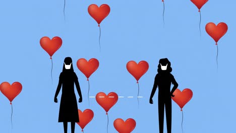 얼굴 마스크를 착용 한 두 명의 여성의 실루 ⁇ 에 대해 떠다니는 여러 개의 심장 모양의 풍선