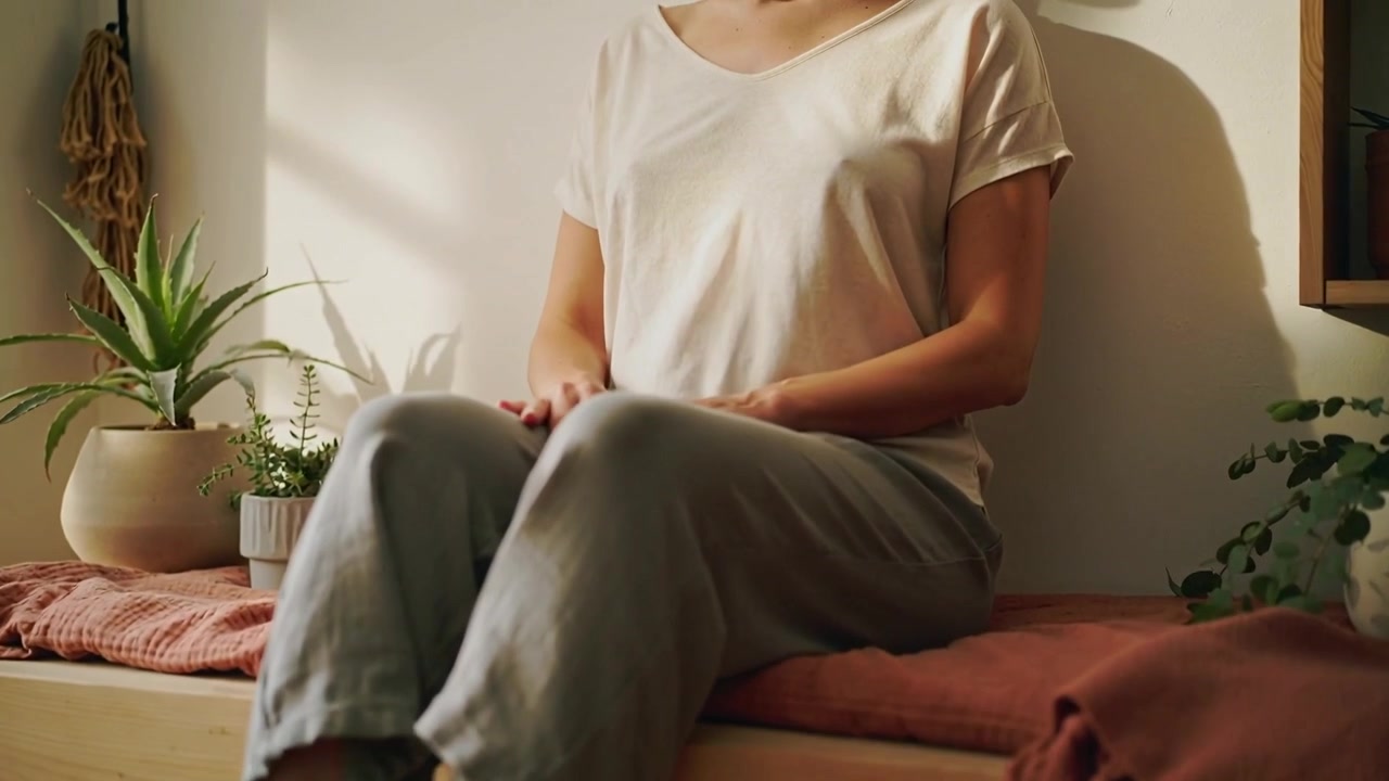 Panning up, woman in tee shifting, sitting upright on bench at home with plant to settle