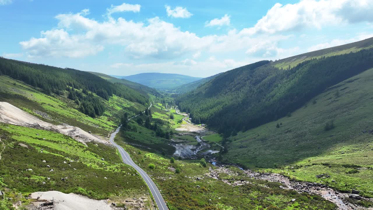 Drone flying over Wicklow Pass at glendalough valley in summer Irish Epic Locations and landscapes