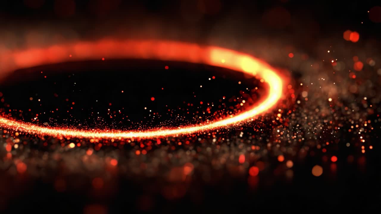 Un vortice ipnotico di particelle rosse e arancioni vibranti illumina un vuoto scuro, creando una rappresentazione visiva accattivante di energia e movimento in questa sbalorditiva opera d'arte digitale.