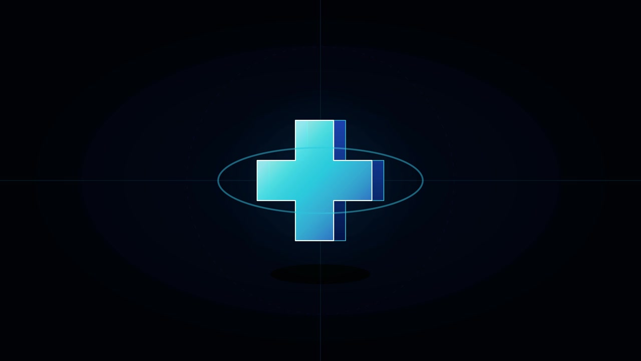 Animated Blue Medical Cross Symbol Rotating on Dark Background