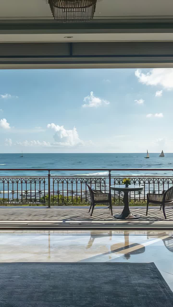 Vertical video: Panning camera down to terrace, showing bistro table, vase, chairs, boats drifting