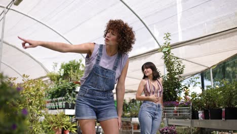 nursery workers discussing plants in greenhouse