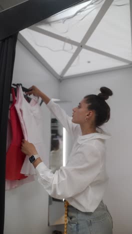 woman trying on clothes in a modern fitting room