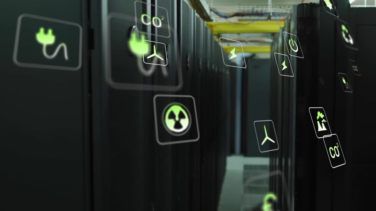 animación de iconos ecológicos y procesamiento de datos a través de servidores informáticos.