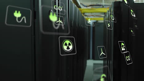 animación de iconos ecológicos y procesamiento de datos a través de servidores informáticos.