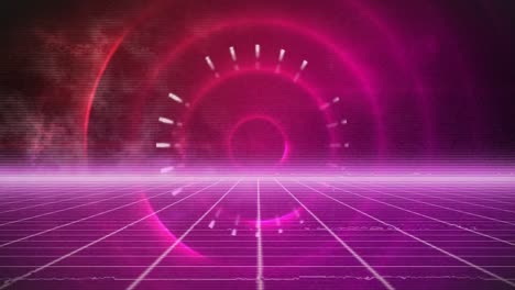 animation of moving circles with rays over glowing grid pattern