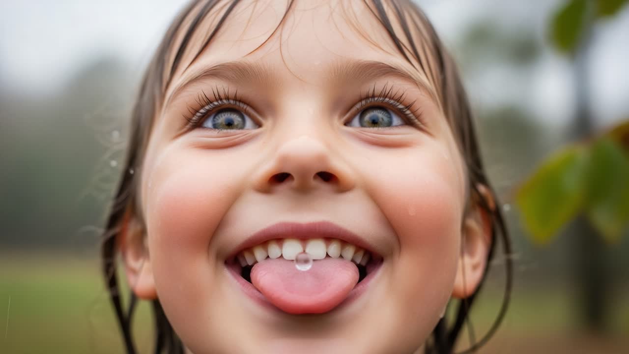 A Joyful Moment: A Young Girl with Wet Hair Shows Her Delight in the Rain, Expressing Pure Happiness and Playfulness with a Big Smile and Gleaming Eyes
