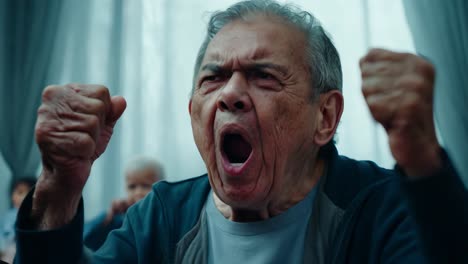 elderly man screaming in frustration