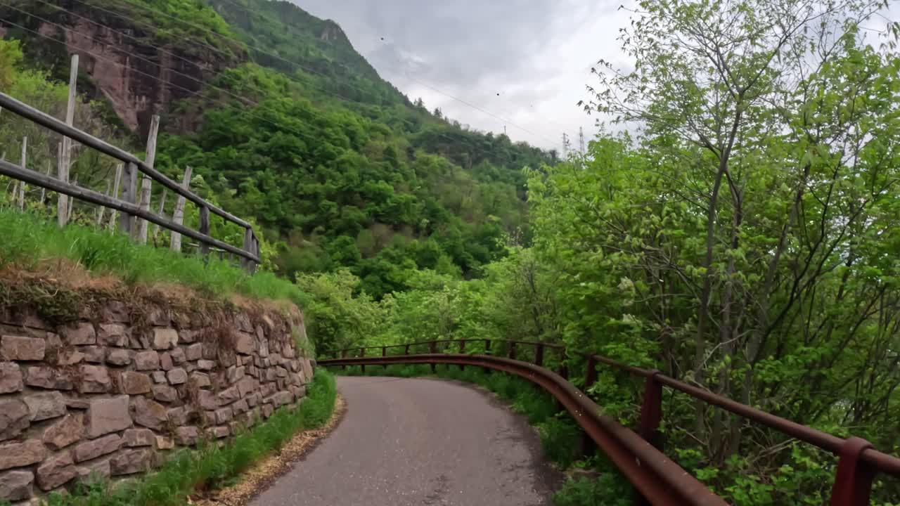 Curved mountain road leading to Castel Roncolo in Bolzano, lush greenery on both sides