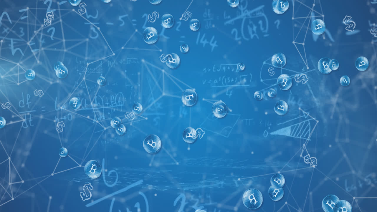 Animation of networks of connections with digital bitcoin icons