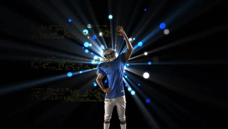 animación de jugador de fútbol americano masculino biracial sobre manchas de luz azul en negro
