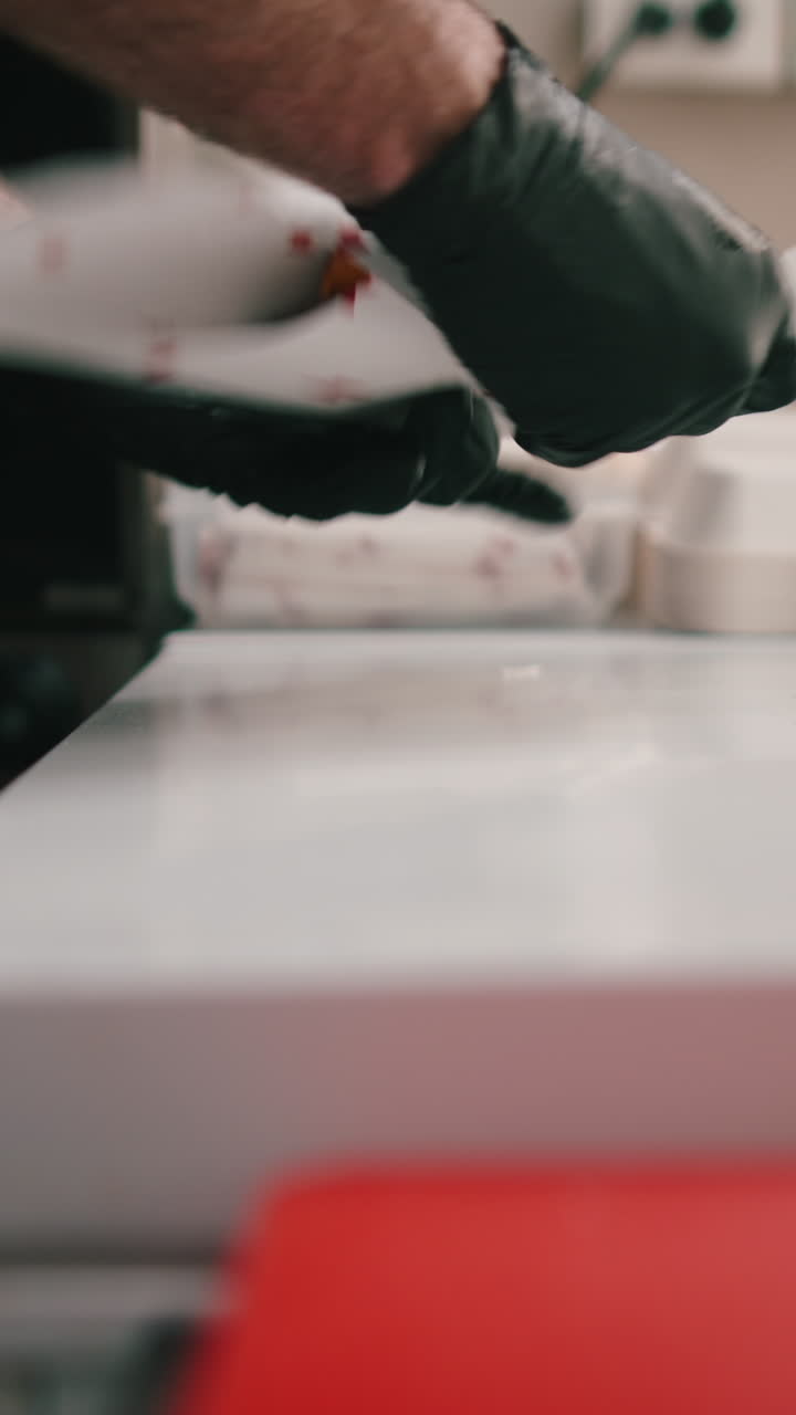 Images of burgers and gloved hands preparing food
