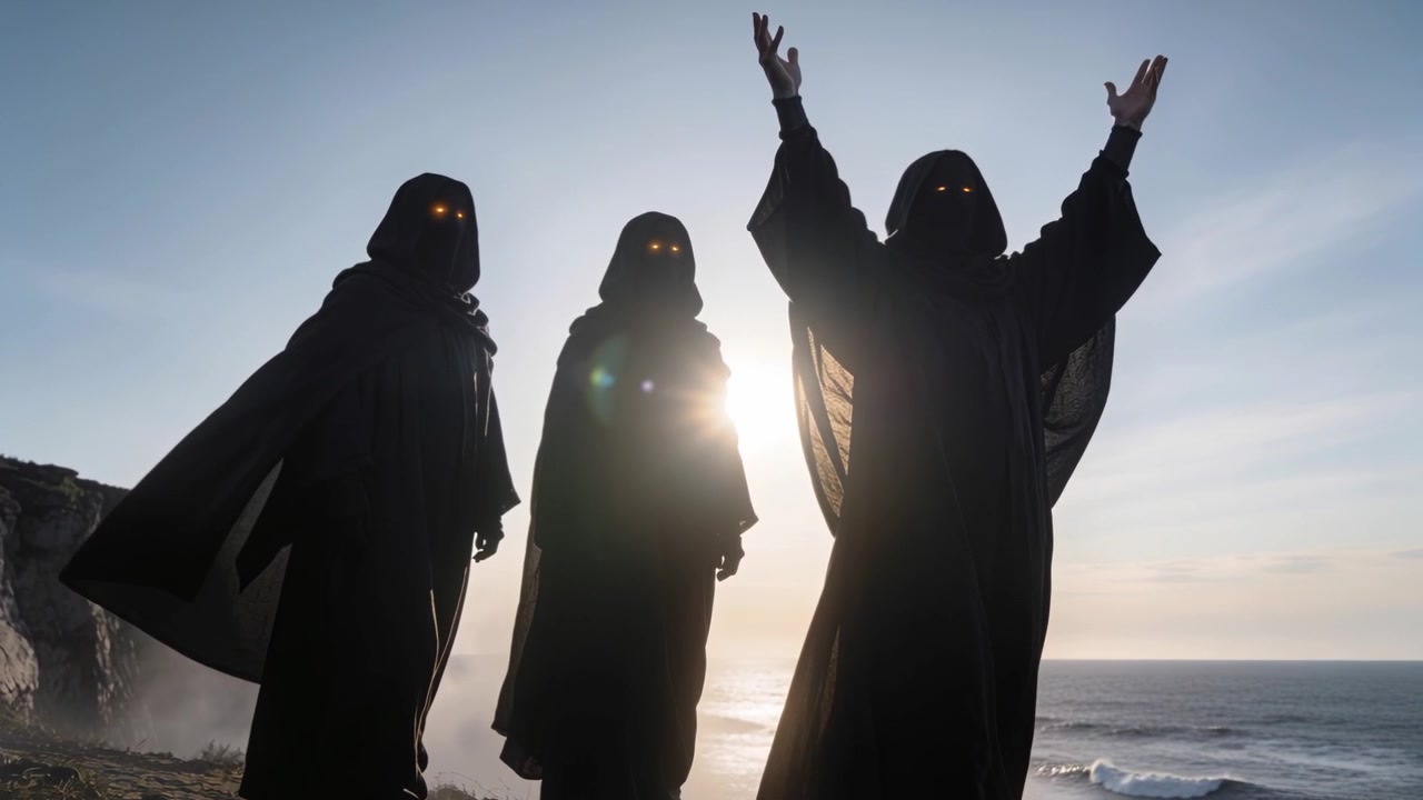 Moving hooded trio performing ritual on coastal cliff, breeze lifting cloaks and eye-lights
