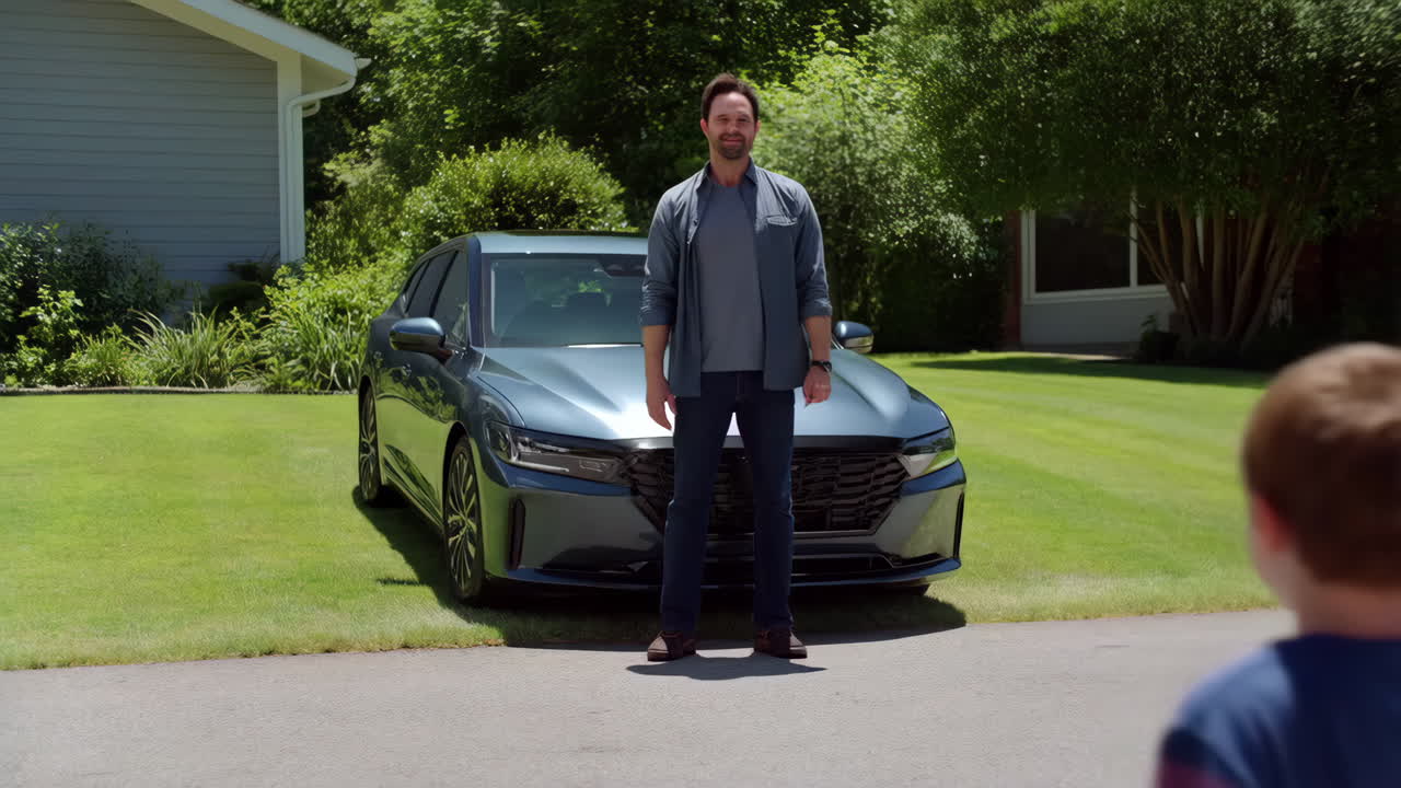 Father and Sons Embrace by a Car