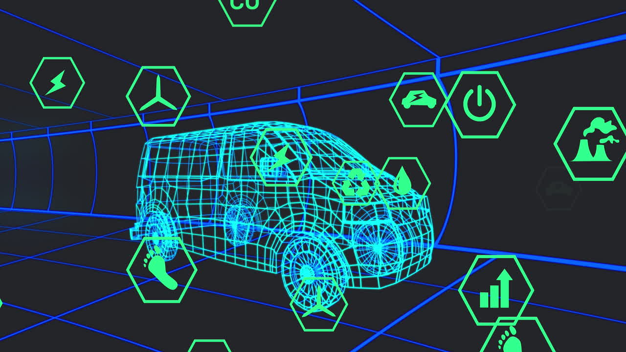 animación de iconos que procesan datos de estado sobre un modelo de furgoneta 3d que se mueve sobre un fondo negro