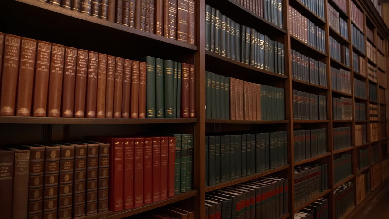 Rows of old books on wooden bookshelves in a grand library