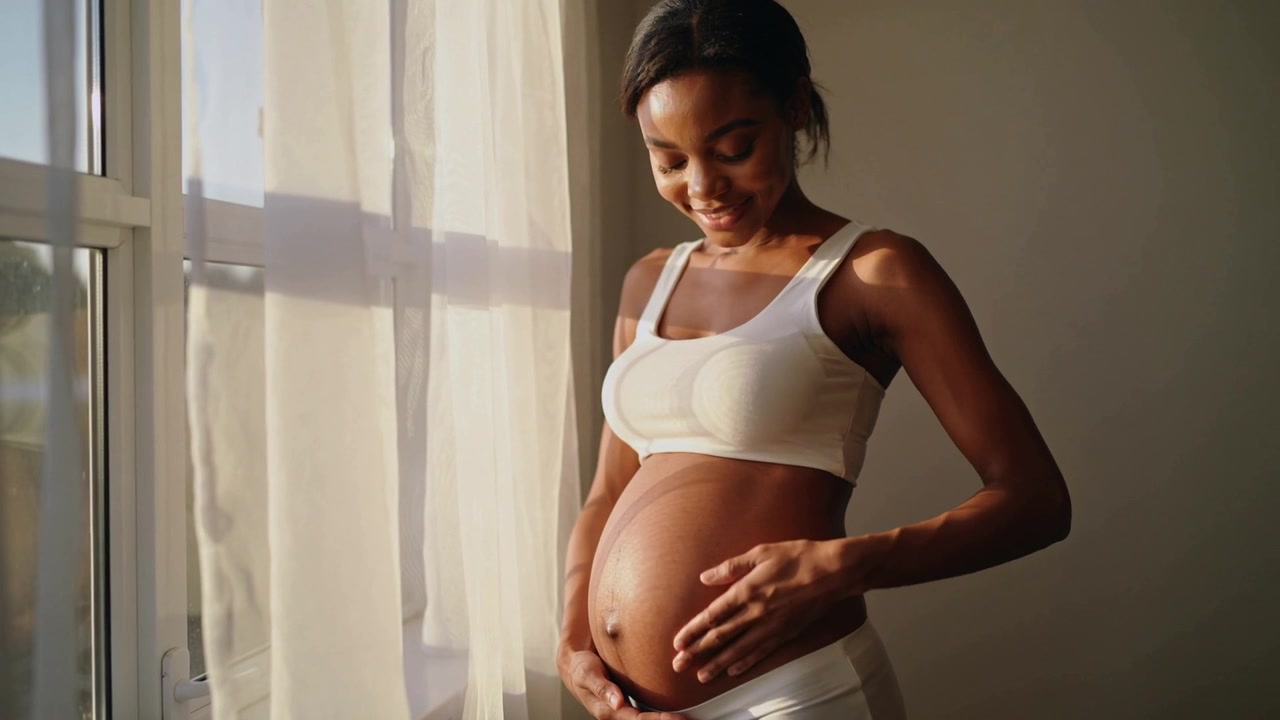 Donna incinta in reggiseno illuminata dalla luce solare, che accarezza e cinge la pancia vicino a una tenda alla finestra per creare un legame.