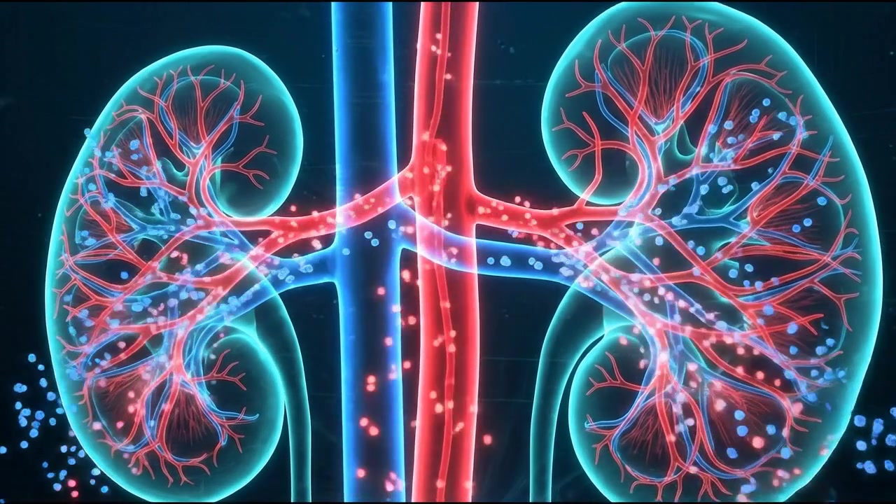 Pair of 3D human kidneys render showing detailed nephron vessels