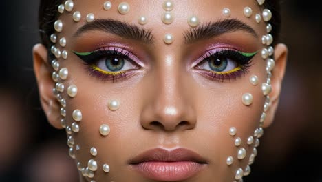 stunning close-up of a model featuring creative pearl makeup and bold eye makeup for a fashion photoshoot or beauty campaign
