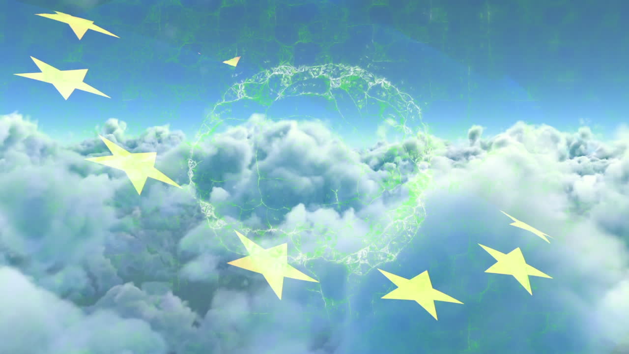 animación del cerebro giratorio sobre la bandera de la unión europea y las nubes