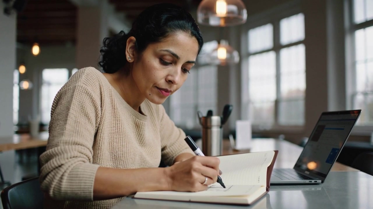 Flipping hardcover notebook, woman sketching at shared table with laptop and marker to plan work