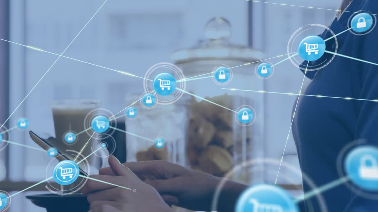 카페에서 태블릿을 가진 백인 여성에 대한 트롤리 아이콘으로 연결 네트워크의 애니메이션