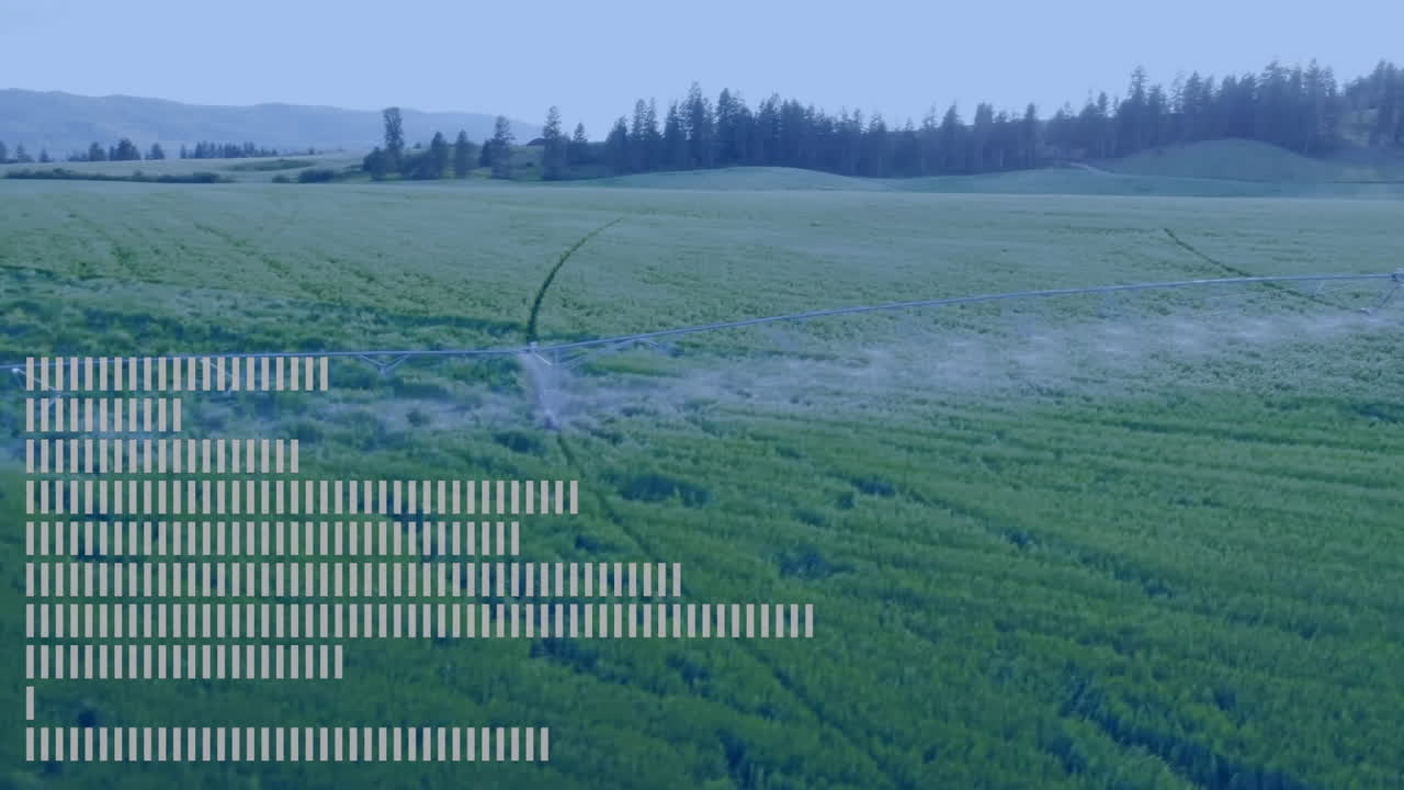 Data processing animation over green agricultural field in rural landscape