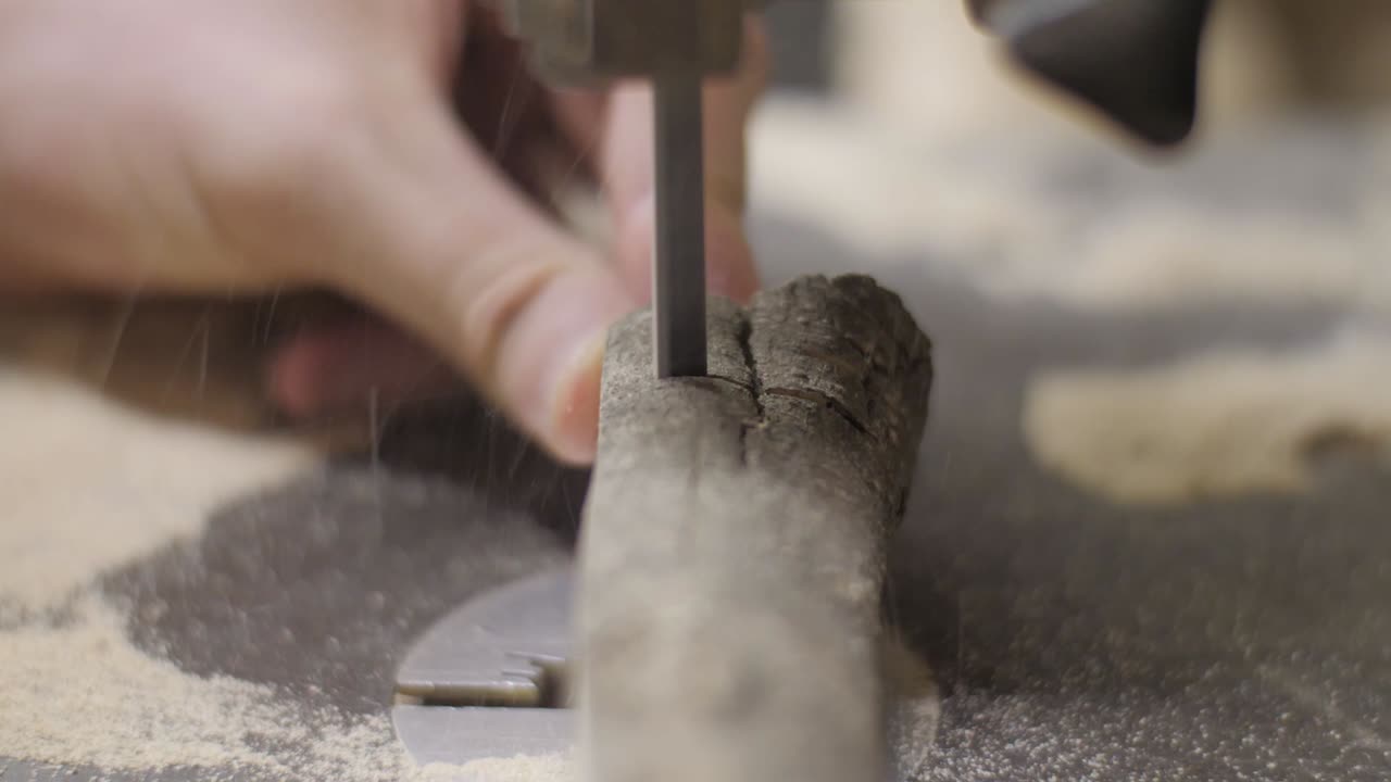 Woodwork being cut on a bandsaw