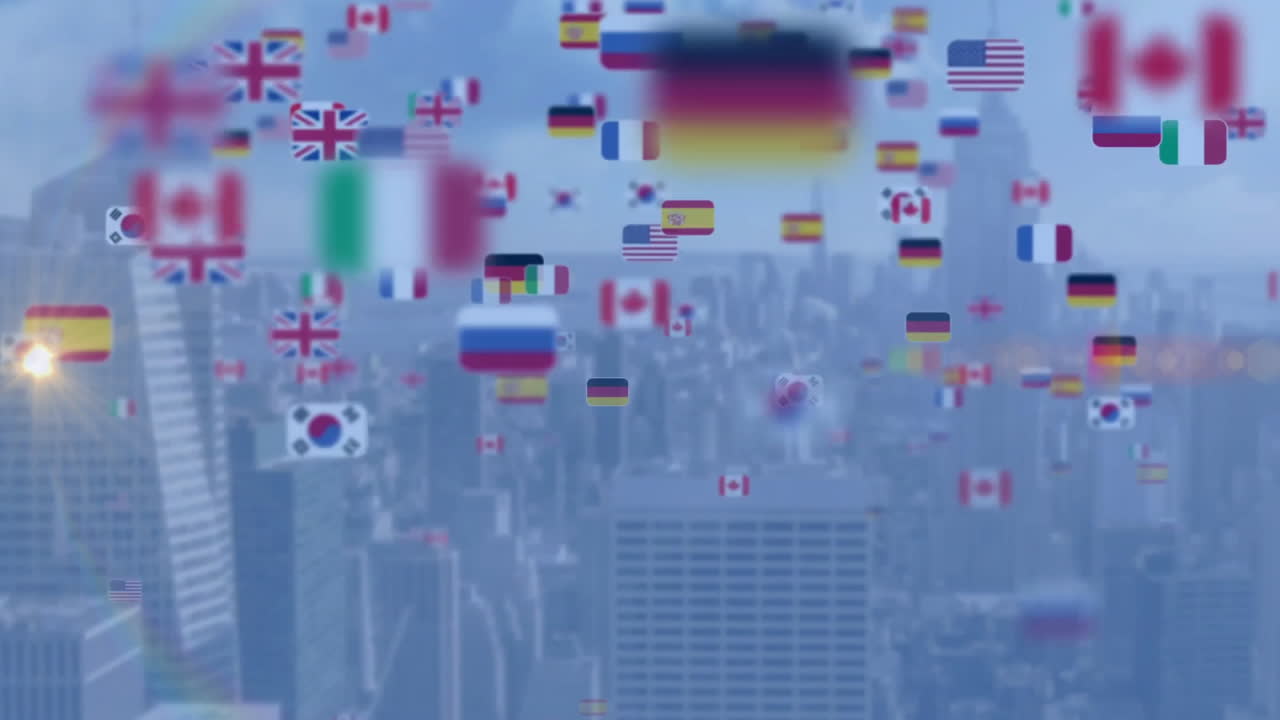 Cityscape with animation of flags symbolizing global connections and unity