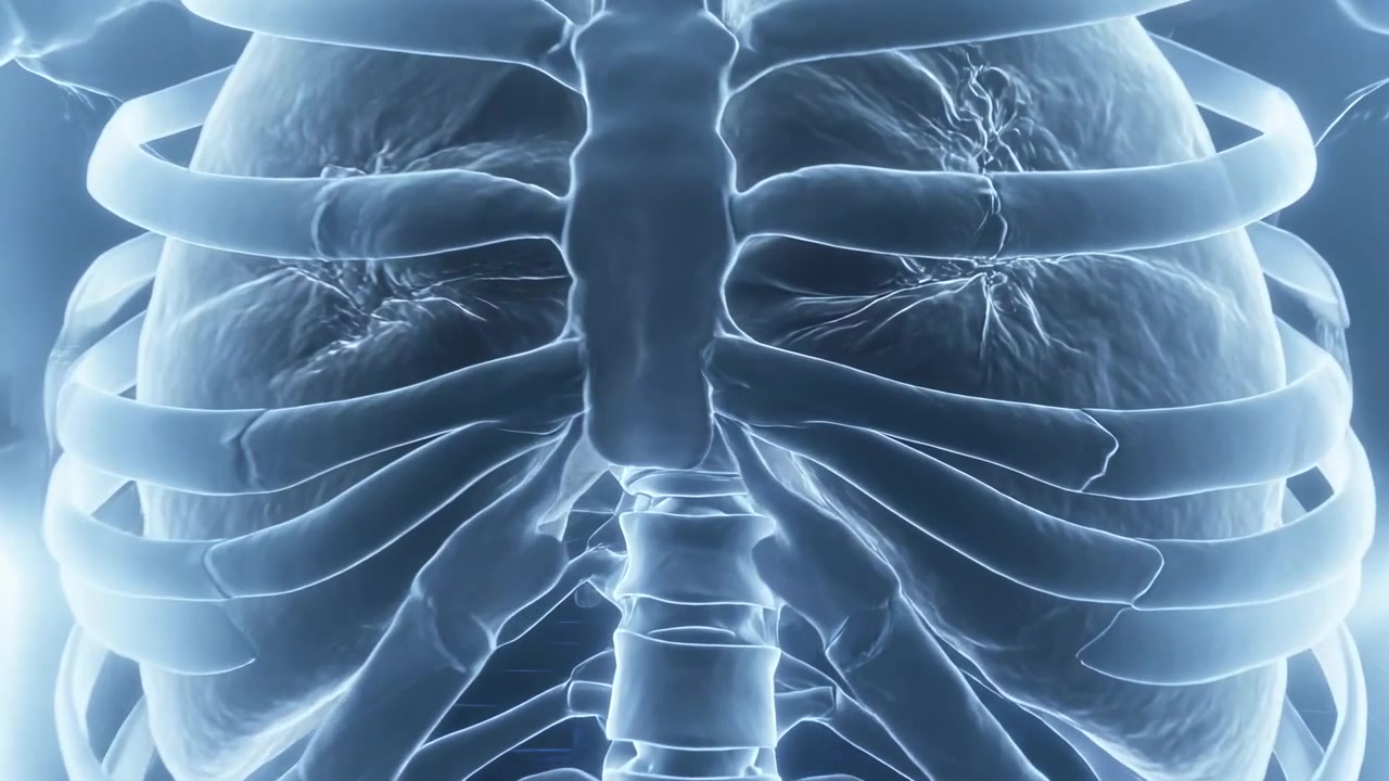 La telecamera zooma rivelando un torso 3D traslucido su una griglia da studio, con polmoni pulsanti che mostrano le costole per lo studio.