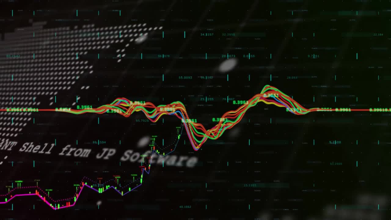 Animation of financial data processing over world map on dark background