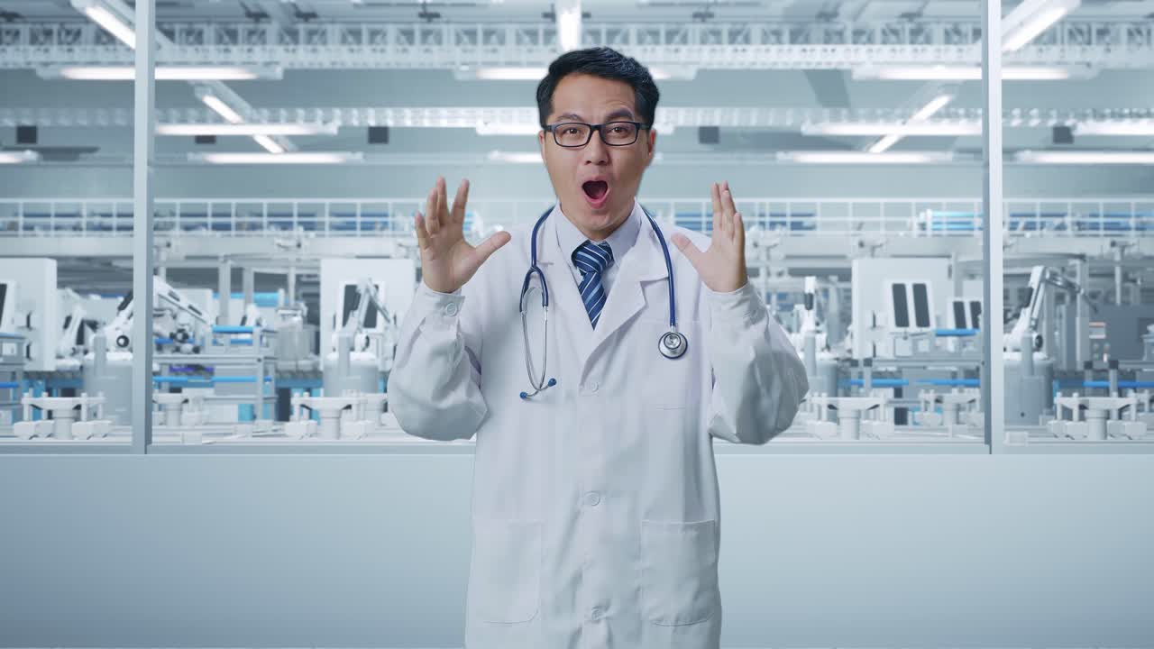 Doctor Reacts with Surprise in a Modern Manufacturing Facility