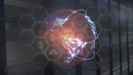 animation of icon in hexagons over lines on rotating globe and moving bars against space