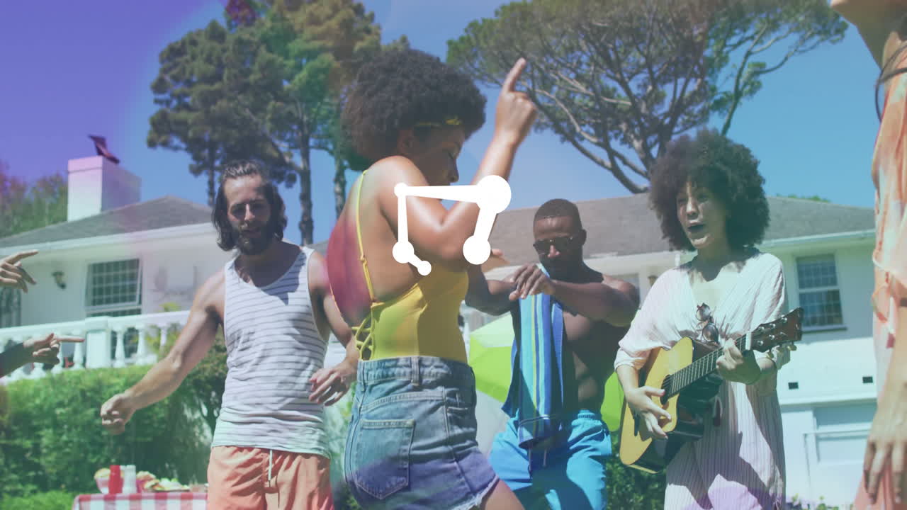 Dancing and playing guitar, friends enjoying animation at poolside party