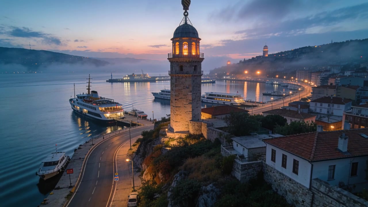 Yol gösteren taş deniz feneri, alacakaranlıkta liman boyunca sıcak ışık yayıyor, gün batımı soluyor ve feribotlar hareket ediyor.